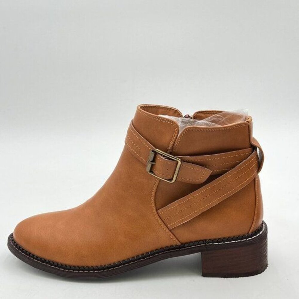 Brown Elegant Round Toe Ankle Boot Walking Chunky Heel Strappy Buckle Dress Shoe